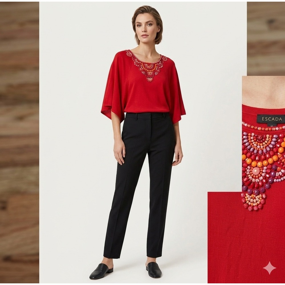 ESCADA Wool Silk Cashmere Red Beaded Crew Neck‎ Kimono Sweater Size 8